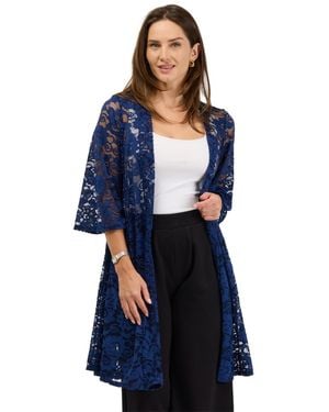 24seven Comfort Apparel Lace Floral-print 3/4-sleeve Jacket - Blue
