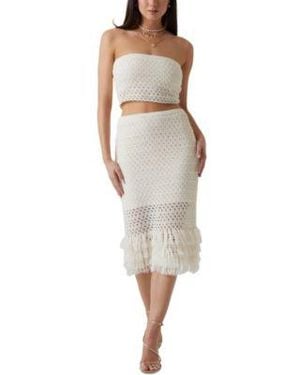 Guess Luca Pointelle Strapless Tube Top Pointelle Fringed Hem Midi Skirt - Multicolor