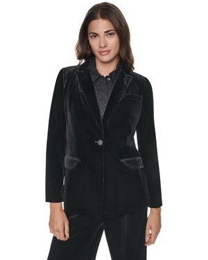 DKNY Petite Velvet Button-front Fitted Blazer - Black