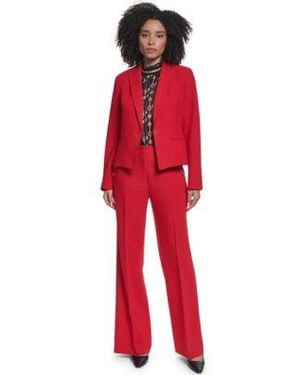 KARL LAGERFELD Cropped Shoulder Padded Blazer Long Sleeve Tie Front Geometric Print Blouse Woven Wide Leg Pants - Red