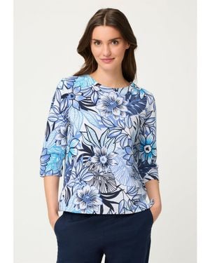 Olsen Floral Rib Knit Jersey Top - Blue
