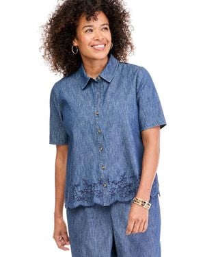 Style & Co. Peplum Elbow-sleeve Chambray Embroidered Scalloped-hem Shirt - Blue