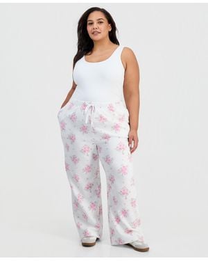 Planet Gold Trendy Plus Size Printed Wide-leg Fleece Pants - White