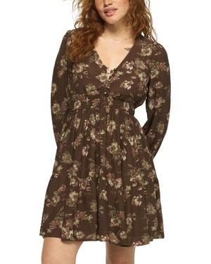 Lucky Brand Long-sleeve Smocked-waist Floral Mini Dress - Brown