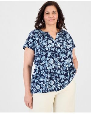 Style & Co. Plus Size Printed Button-front Flutter-sleeve Top - Blue