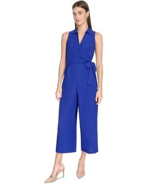 Calvin Klein Tie Waist Sleeveless Gauze Jumpsuit - Blue