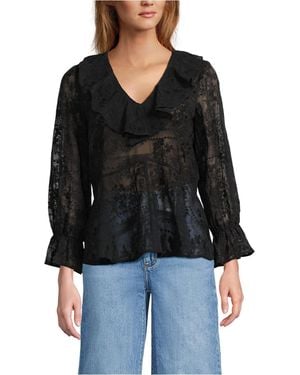 Lands' End Feminine Ruffle Chiffon V Neck Blouse - Black