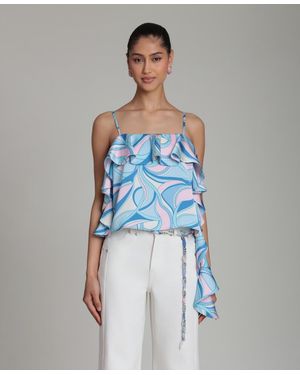 Avec Les Filles Asymmetrical Ruffle Detail Square Neck Top - Blue