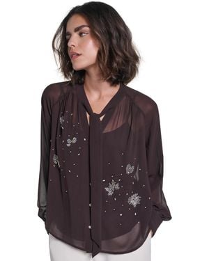 KARL LAGERFELD Tie-neck Long-sleeve Embellished Chiffon Blouse - Purple