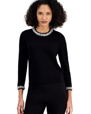 Anne Klein Petite Embelish 3/4-sleeve Embellished Crewneck Sweater - Blue