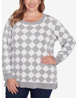 hearts of palm Plus Size Blue My Mind Diamond Print Sweater - Gray