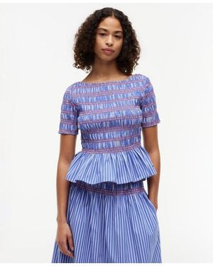 Tommy Hilfiger Smocking Striped Boat Neck Cotton Top - Blue