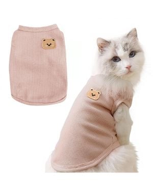 Aronkl Waffle Knit Cat And Dog T Shirt Stretchable Breathable Bear Design Year Round Comfort Pet Clothes - Pink