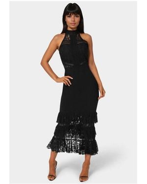 Bebe Halter Tiered Lace Midi Dress - Black