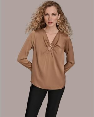 Donna Karan V-neck Embellished Top - Natural