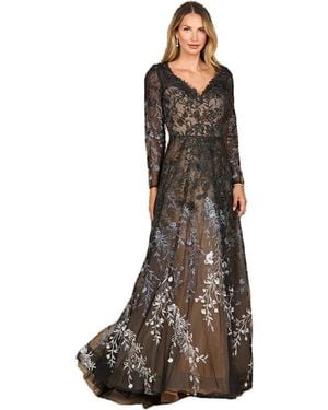 Lara Long Sleeve V-neck Ombre Lace Gown - Black