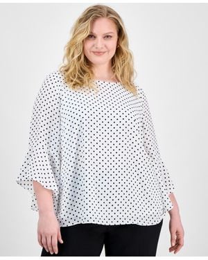 Kasper Plus Size Polka-dot Ruffle-sleeve Blouse - White