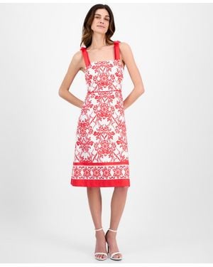 Anne Klein Printed Bow-shoulder Border-hem Midi Dress - Red