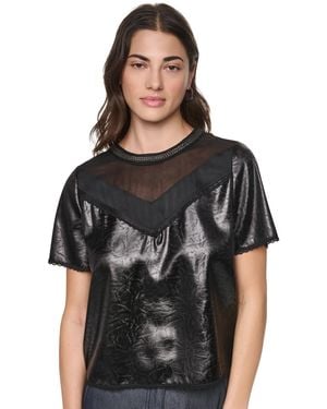 DKNY Chain Neck Short-sleeve Mixed Media Top - Black