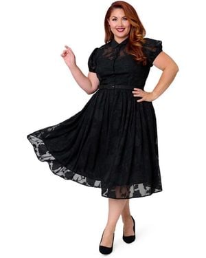 Unique Vintage Plus Size 1950s Short Sleeve Collared Hollie Swing Dress - Black