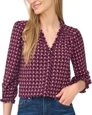 Cece Button-detail V-neck 3/4-sleeve Blouse - Red