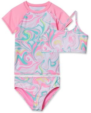 Lands' End Girls Chlorine Resistant Short Sleeve Rash Guard 3 Piece Swimsuit Set - Pink