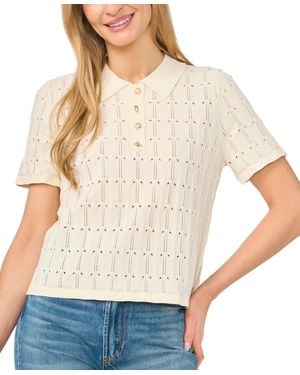 Cece Pointelle Short-sleeve Collared Sweater - Natural