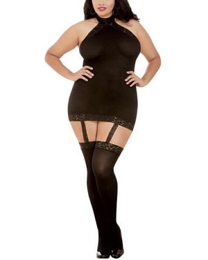 Dreamgirl Plus Size Sheer Halter Garter Dress - Black