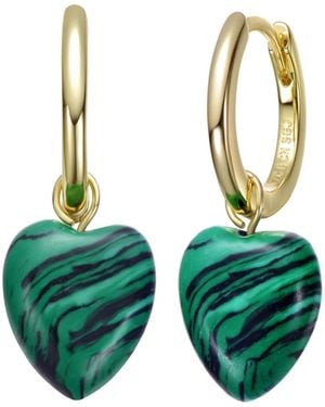 Genevive Jewelry Sterling Silver 14k Gold Plated Simulated Malachite Puffed Heart Dangle Earrings - Green