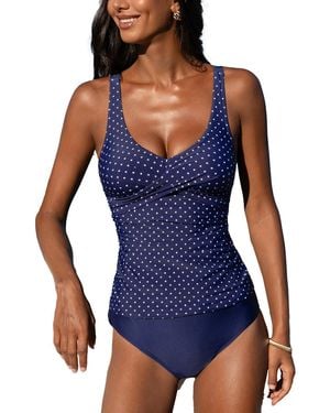 CUPSHE Wrapped Tankini Top & Tropical Mid-rise Bottoms Set - Blue