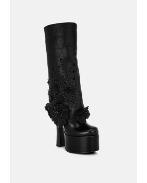 LONDON RAG Sundra Floral Applique Platform Heeled Boots - Black