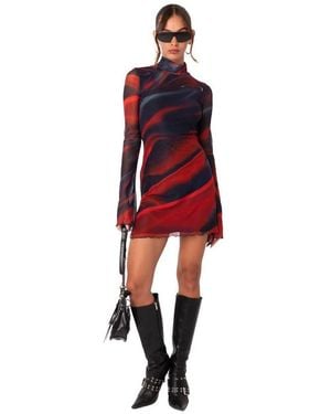 Edikted Printed Mesh Lettuce Hem Mini Dress With Side Slits And Bell Sleeves - Red