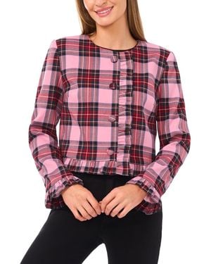 Cece Collarless Crew Neck Ruffle Detail Jacket - Red