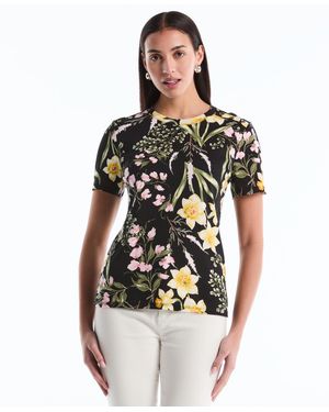 Rafaella Petite Garden Print Button Detail Short-sleeve Top - Black