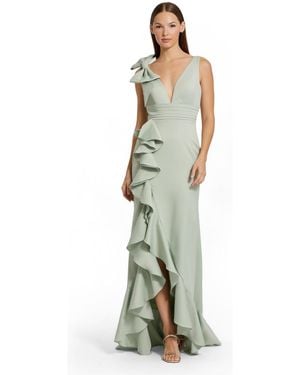Mac Duggal Crepe Sleeveless Ruffled V-neck Gown With Bow - Green