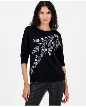 Tahari Floral-sequin And Bead Dropped-shoulder Sweater - Black