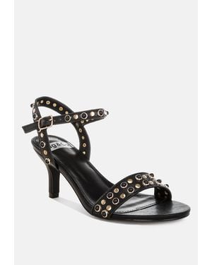Rag & Co Nidara Studded Real Leather Kitten Heel Sandals - Black
