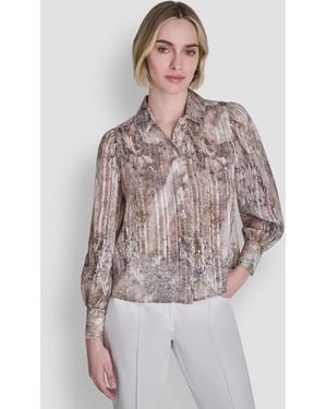 DKNY Petite Printed Long-sleeve Top - Brown