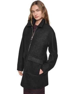 DKNY Boucle And Speckled Herringbone Tailored Coat - Black