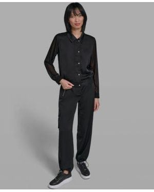 KARL LAGERFELD Collared Jacket Cropped Cargo Pants - Black