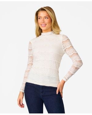 Cable & Gauge Ruffle Lace Stretch Mock Neck Top - White