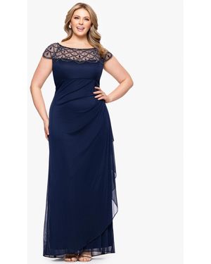 Xscape Plus Size Sheer Boat-neckline Long Sheath Dress - Blue
