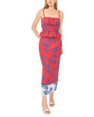 1.STATE Smocked Bodice Top Printed Midi Skirt - Red