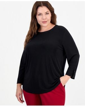 Anne Klein Essentials Plus Size 3/4-sleeve Scoop Neck Roll-cuff Top - Black
