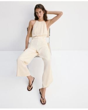 Mango Wide-leg Sleeveless Belt Detail Halter Jumpsuit - Natural
