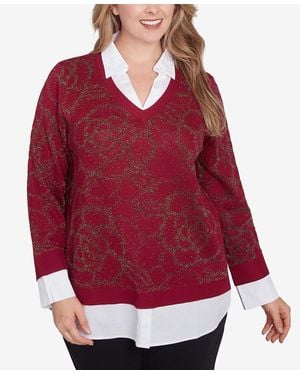Ruby Rd. Plus Size Metallic Floral Layered Shirt Collar Sweater