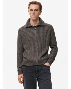 Mango Zipper Ribbed-knit Cardigan - Gray