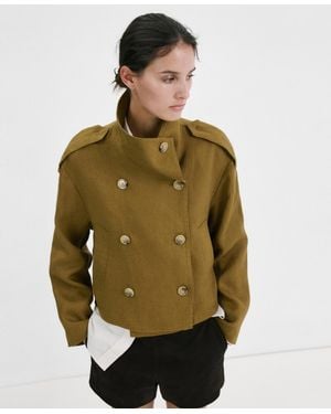 Mango Funnel-neck Linen Trench Coat - Green