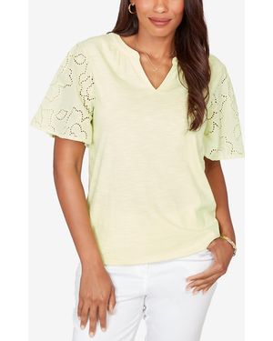Ruby Rd. Plus Size Eyelet Sleeve Cotton Jersey Top - Yellow