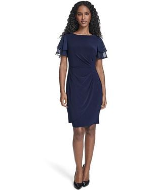 Jessica Howard Petite Flutter-sleeve Tuck Faux Wrap Sheath Dress - Blue